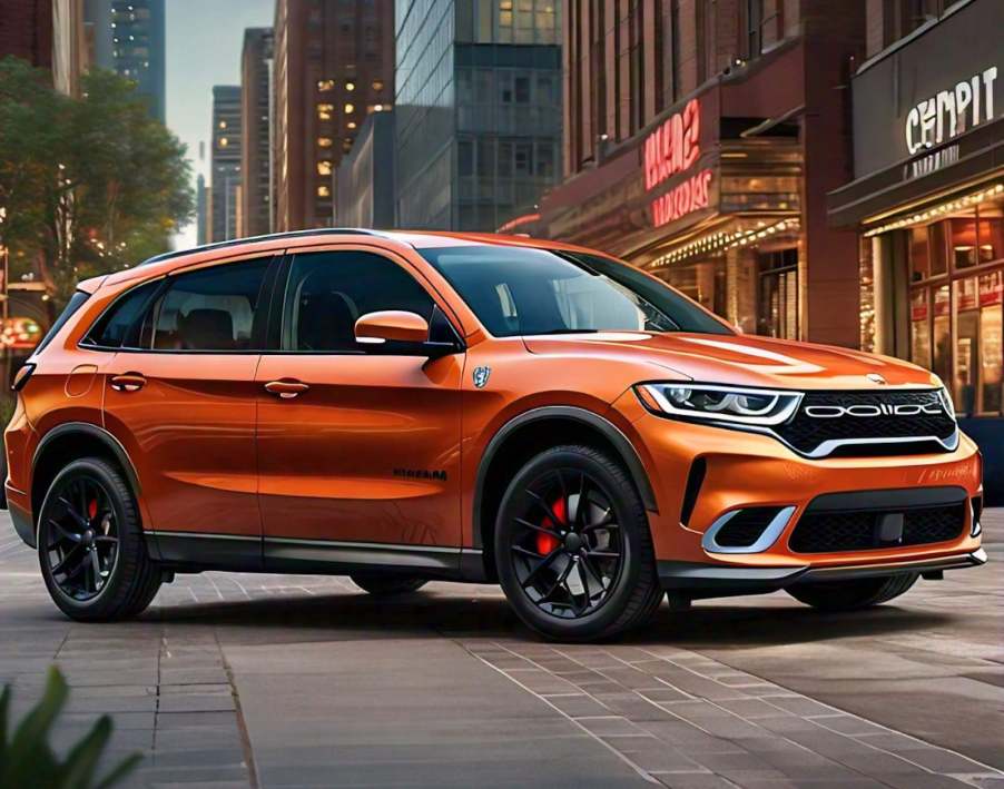 An orange Dodge Stealth crossover SUV render, parked on a city street.