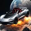 Silver Tesla Roadster uses SpaceX boosters to fly past the moon, the earth visible in the background.