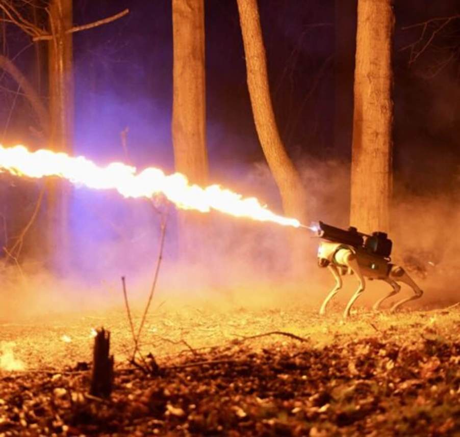 The Thermonator flamethrower robot dog shoots a stream of flame up to 30 feet.