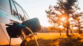 EV charging with sun behind trees EV range topples 17-30% during a heat dome