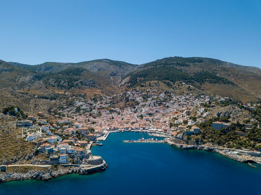 Aerial view of Hydra, a Greek Island that suffered a massive wildfire sparked by a super yacht firework show