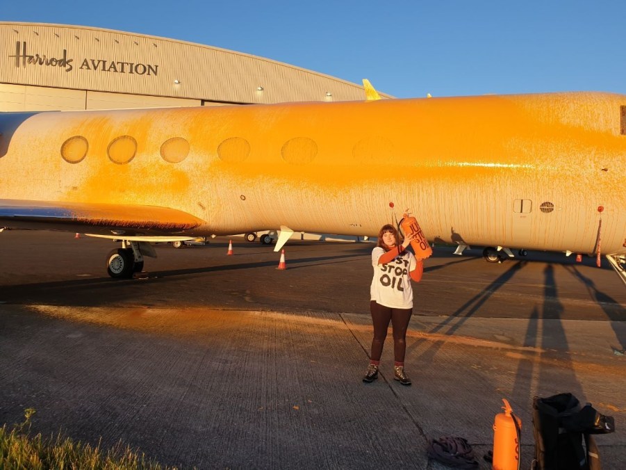 Climate activists used orange paint likely corn flour to spray two private jets on June 20, 2024 in London, England