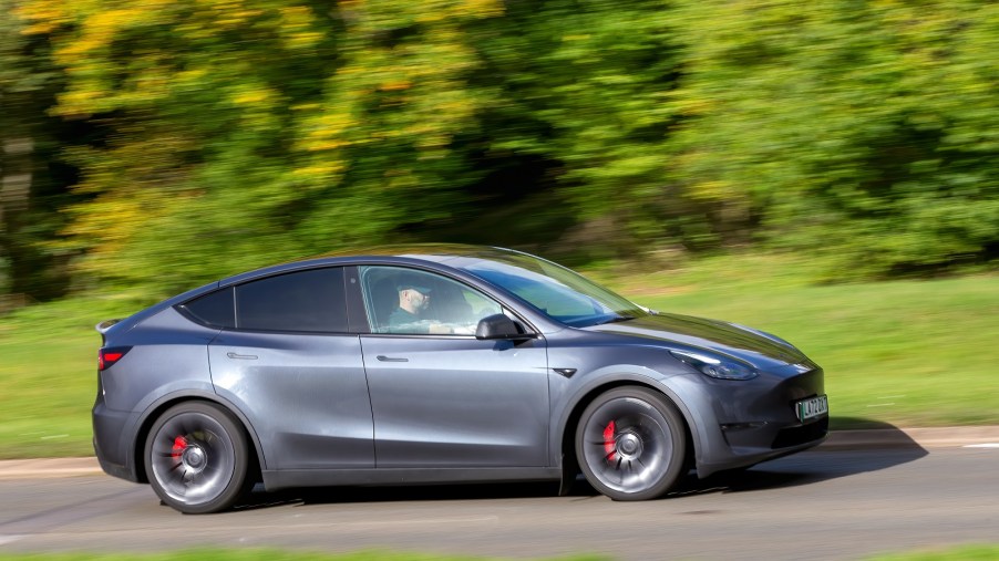 A dark grey Tesla Model Y EV similar to the vehicle that flipped seven times this year in China