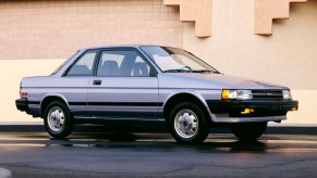 A blue 1989 Toyota Tercel coupe parked in right profile angle