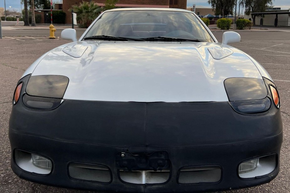 Front of a white Dodge Stealth sports car.