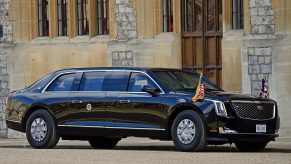 The President's 'Cadillac One' or Beast parked outside Windsor Castle in England during Biden's visit to the Queen