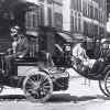 The Count de Dion driving his steam engine, the fastest vehicle in the first auto race through Paris.