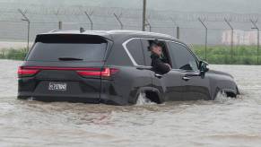 Kim Jung Un using his Lexus LX 600 in a flood