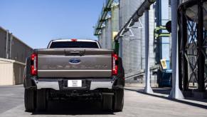 A 2023 Ford F-350 Super Duty dually pickup truck from the rear.