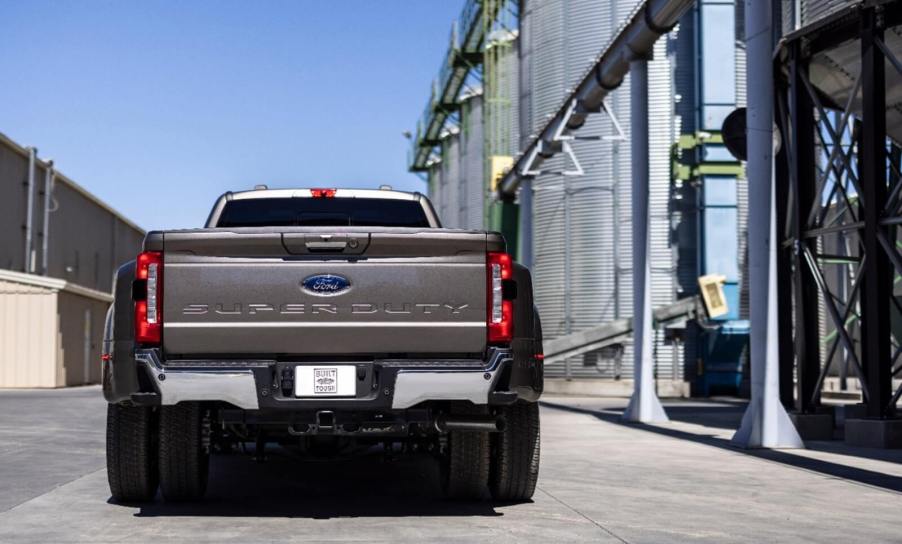 A 2023 Ford F-350 Super Duty dually pickup truck from the rear.