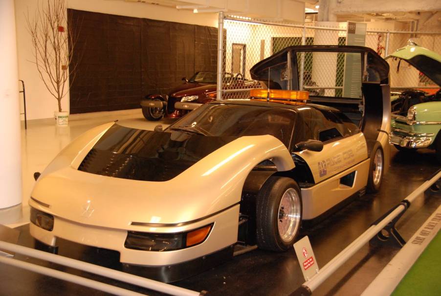 White Dodge concept car in a museum