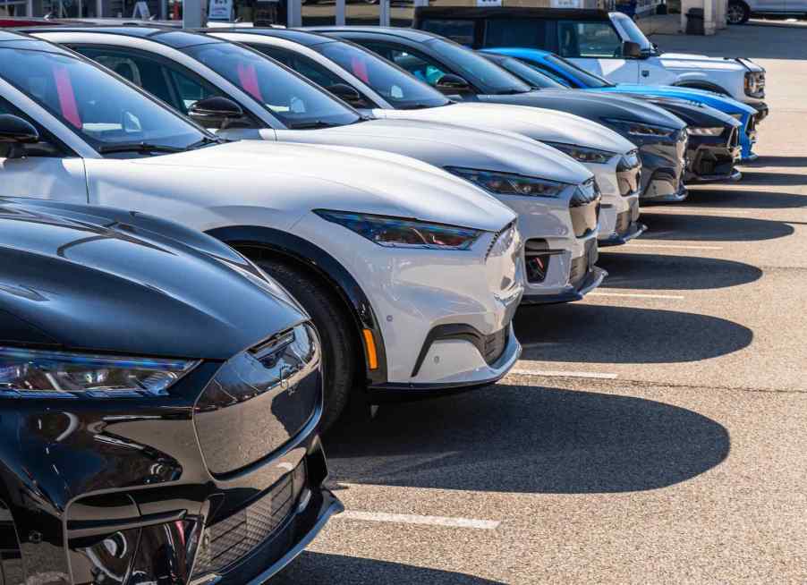 Row of Ford Mustang Mach E EVs and Ford Broncos