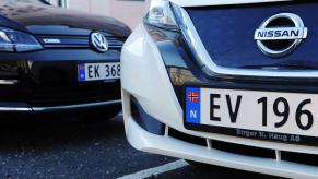 Norwegian EVs parked on the street in Oslo, Norway.