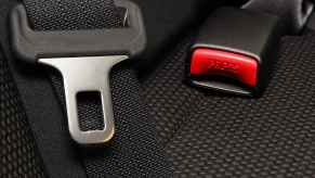 A back car seat belt, latch, and buckle in close view on black fabric seat