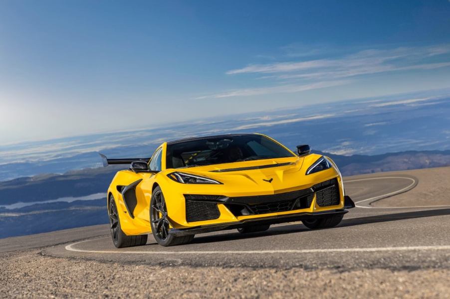 A bright yellow 2025 Chevrolet Corvette ZR1, one of the most powerful cars ever to come out of America, shows off its front end.