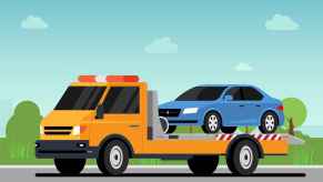 Illustration of flatbed tow truck with blue sedan loaded