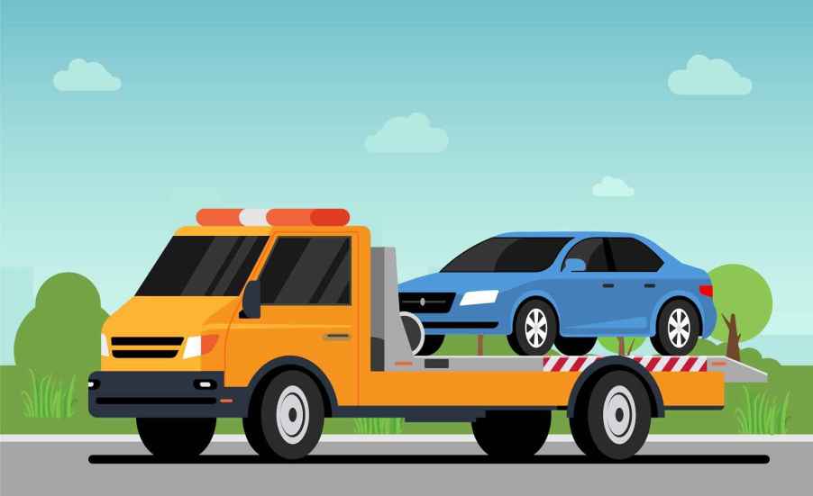 Illustration of flatbed tow truck with blue sedan loaded