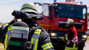 A German firefighter like those who fought the electric fire truck blaze.