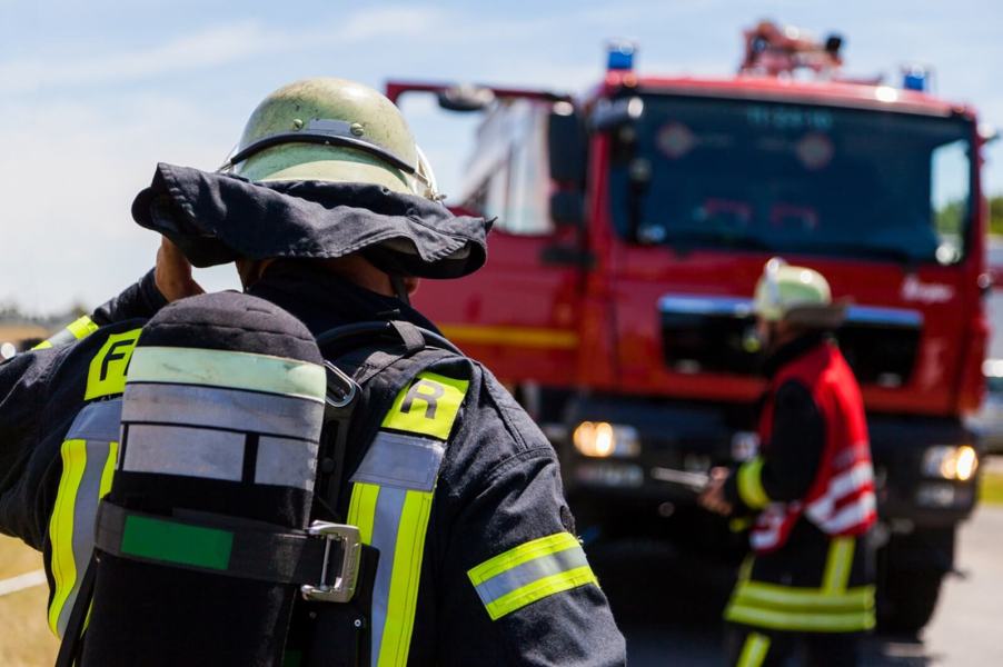 A German firefighter like those who fought the electric fire truck blaze.