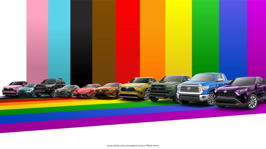 Toyota vehicle lineup with rainbow colors