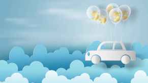 Paper art depiction of car loan deferments leading to a balloon payment with a car floating via balloons filled with money signs above some clouds