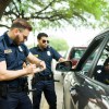 Two police officers writing a ticket at a traffic stop