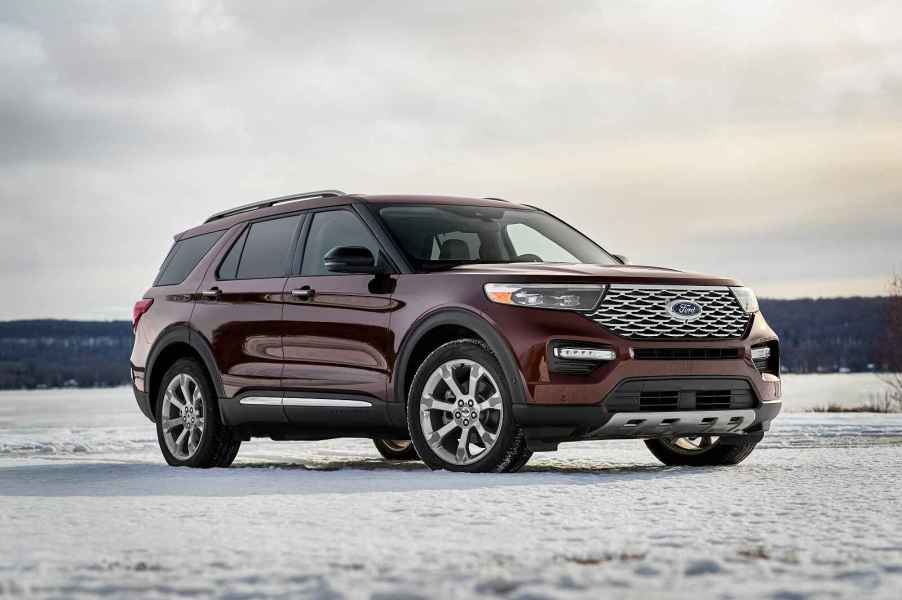 A deep burgundy colored 2020 Ford Explorer parked in right front angle view