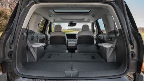 Interior of a three-row Hyundai Santa Fe SUV with the 3rd row folded flat.