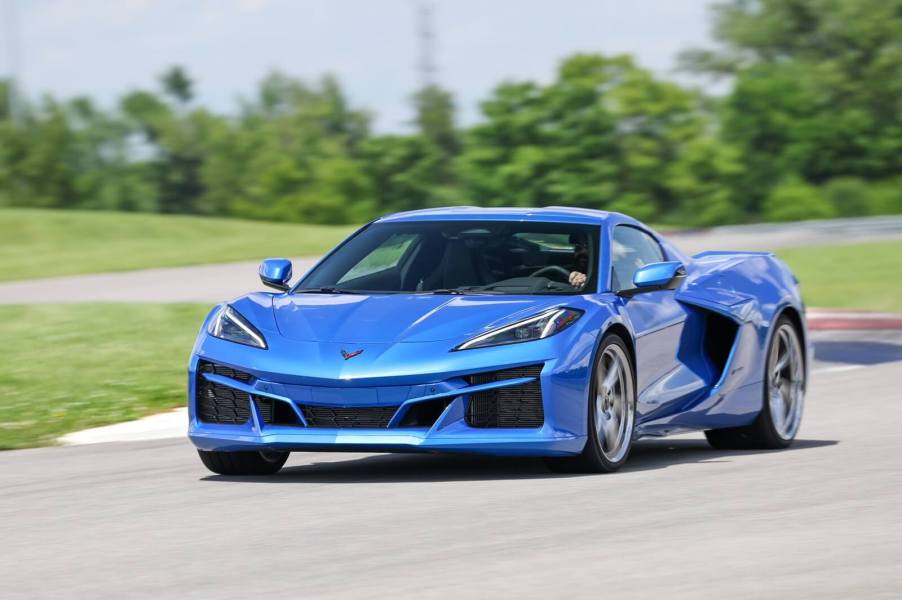 MotorBiscuit Staff Writer Erik Sherman drives the Chevrolet Corvette E-Ray on the track.