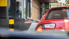 Cars waiting in line at a McDonald's drive-through