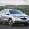 A silver 2015 Acura MDX parked in front of water and a mountain in right front angle view