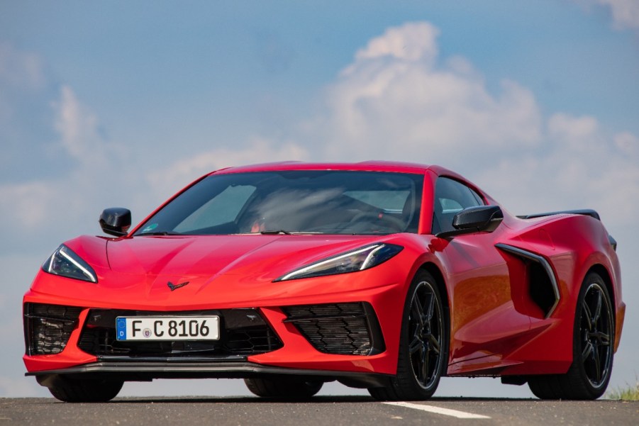 A red 2021 Chevrolet Corvette C8 parked in left front angle view