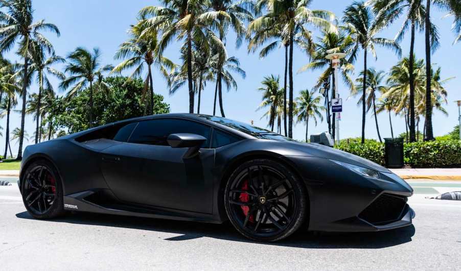 Black Lamborghini Huracan supercar parked in front of a row of palm trees.