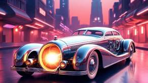 A 1940s-style retro coupe with a nuclear reactor glowing under its hood.