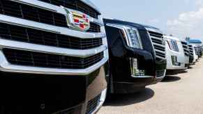 Cadillac Escalade SUVs sitting on a dealership lot ready to be sold