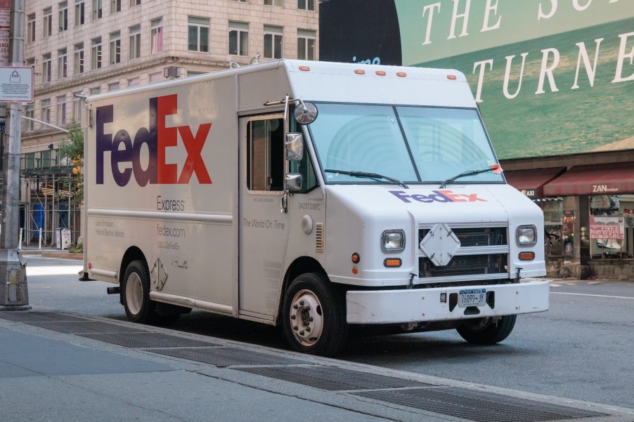 A FedEx truck in the city