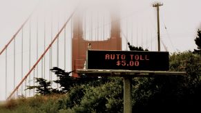 The San Francisco Golden Gate Bridge in California, showing a toll sign