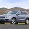 A light silvery-blue 2015 Acura RDX parked in left front angle view in front of grassy green mountains