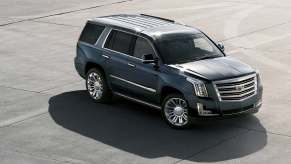 A 2020 Cadillac Escalade parked in right angle aerial view