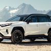 White Toyota RAV4 parked with mountains in the background.