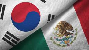 Two cloth flags stacked on top of one another: the national flags of South Korea and Mexico