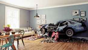 A crashed car in a living room