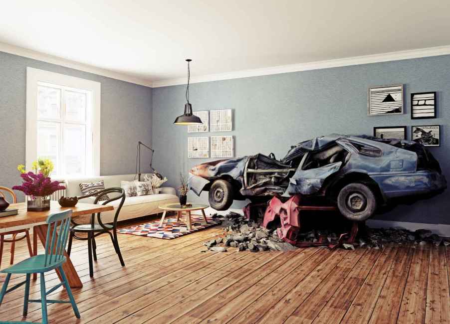 A crashed car in a living room