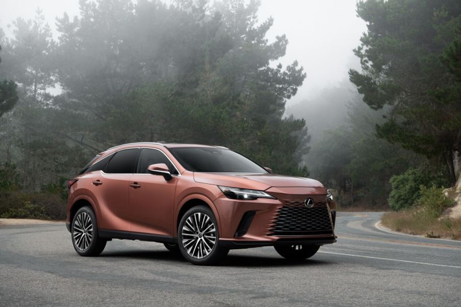 A 2024 Lexus RX 350 parked on a foggy street in right front angle view