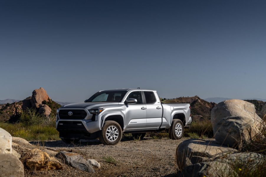 A silver 2025 Toyota Tacoma parked in left front angle view