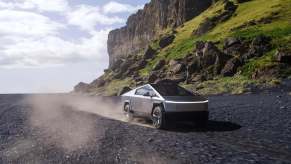 A Tesla Cybertruck driving off-road.