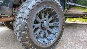 Closeup of custom wheels and tires on a built Jeep Wrangler