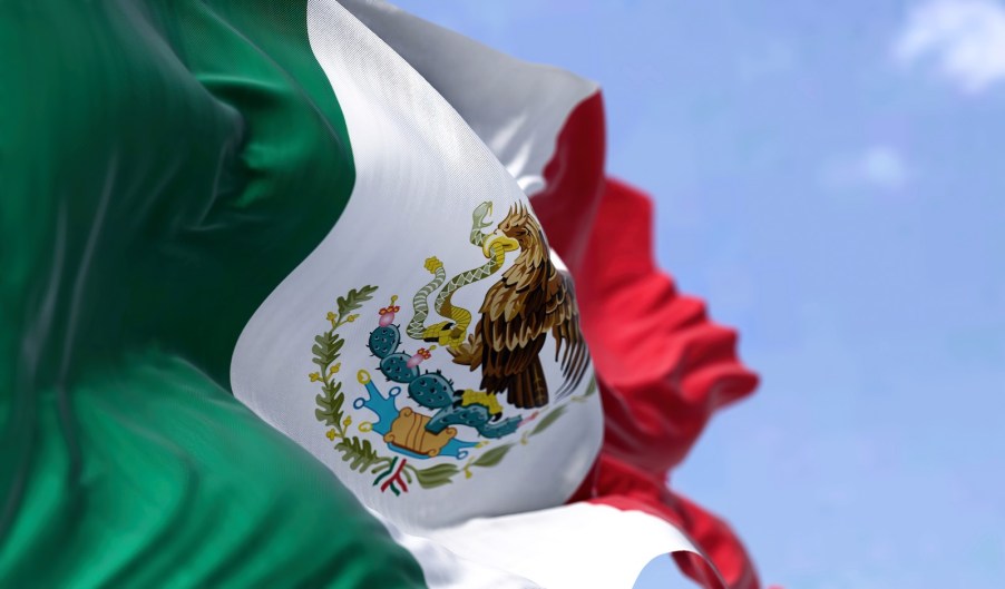 The national flag of Mexico, waving in front of a blue sky.