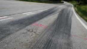 Skid marks on a highway.