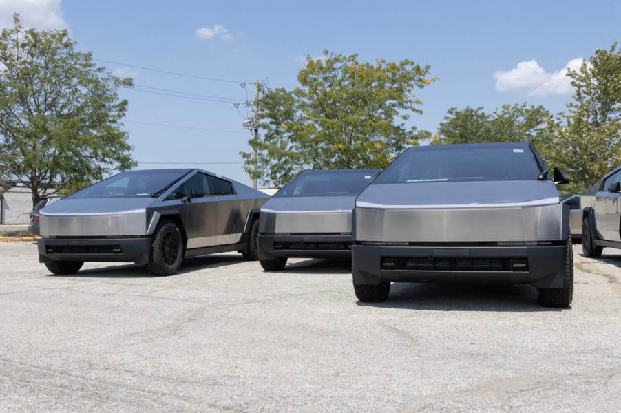 A set of Tesla Cybertrucks awaiting custom work.